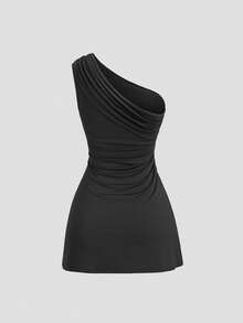 Vestido mini ajustado con hombro asimétrico, cintura fruncida y decoración de hebilla metálica, para primavera/verano - Negro - View 5
