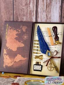 Gift Set With Dip Pen, Wax Seal Stamp & Ink | Feather & Mechanical Gear Calligraphy Pen Set For Journaling, Wedding, Christmas, Letter Writing & Beginner Calligraphy Supplies - Multicolor - View 1