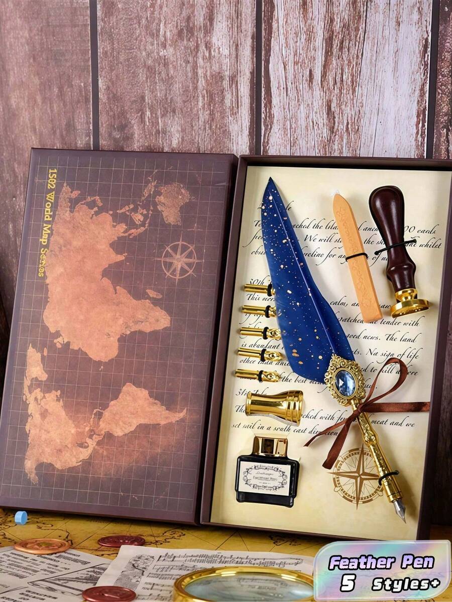 Gift Set With Dip Pen, Wax Seal Stamp & Ink | Feather & Mechanical Gear Calligraphy Pen Set For Journaling, Wedding, Christmas, Letter Writing & Beginner Calligraphy Supplies - Multicolor - View 1
