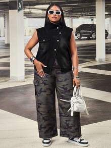 Slaydiva Áo khoác gile denim cài nút bất đối xứng dành cho nữ cỡ lớn, phong cách Hip Hop. - màu đen - Xem 4