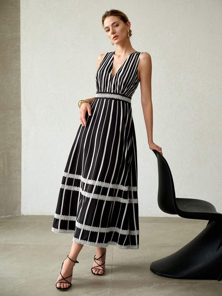 WOMEN'S ELEGANT V-NECK STRIPED PRINT DRESS