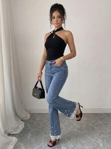 SHEIN Elenzya 女士蕾丝拼接铆钉喇叭牛仔裤 - 淺色水洗藍 - 查看 4