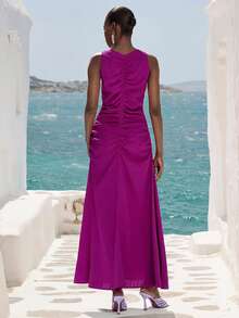 Aveloria Modichic Purple-Red Pleated Textured Fabric V-Neck Sleeveless Fitted Ruched Design Dress, Vacation, Commute, Casual, Elegant, Versatile, Minimalist - Purple - View 5