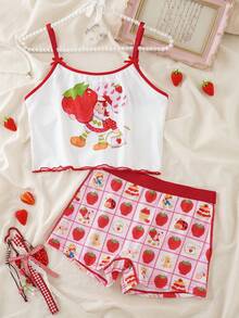 Strawberry Shortcake X SHEIN Retro Cartoon Strawberry Heart Camisole & Shorts Set, Cute Girlish Pajamas, Sweet Homewear Can Be Worn Outdoors - Red and White - View 1