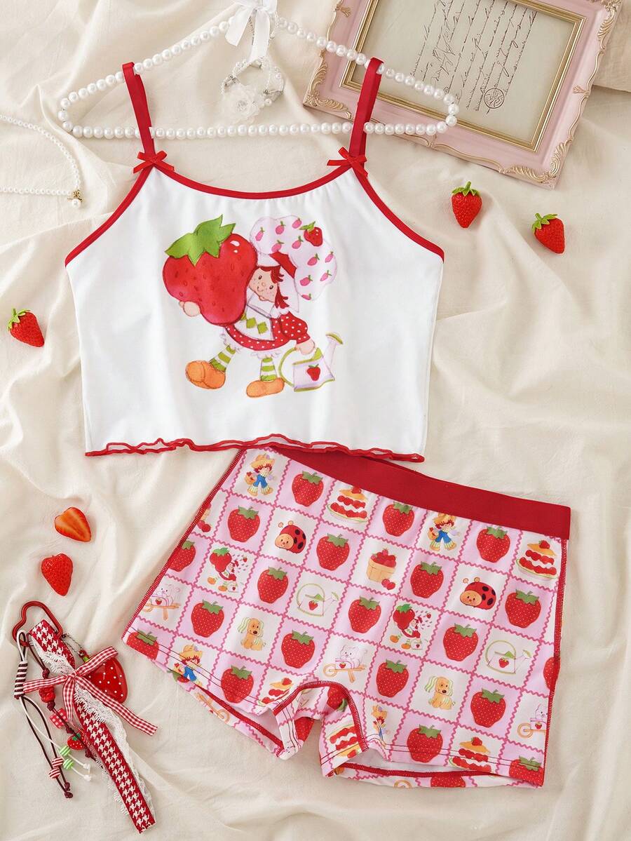 Strawberry Shortcake X SHEIN Retro Cartoon Strawberry Heart Camisole & Shorts Set, Cute Girlish Pajamas, Sweet Homewear Can Be Worn Outdoors - Red and White - View 1