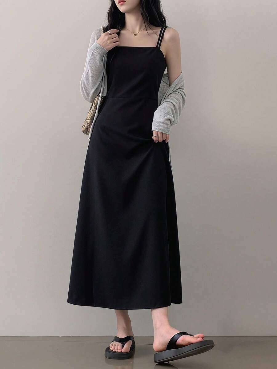 DAZY Đầm dài màu đen thanh lịch không tay, thắt eo dành cho nữ - màu đen - Xem 1