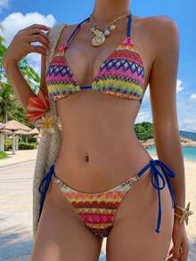 DAZY Bộ bikini nữ 2 món dệt kim họa tiết phối màu tương phản (áo và quần) - Màu xanh lam - Xem 1