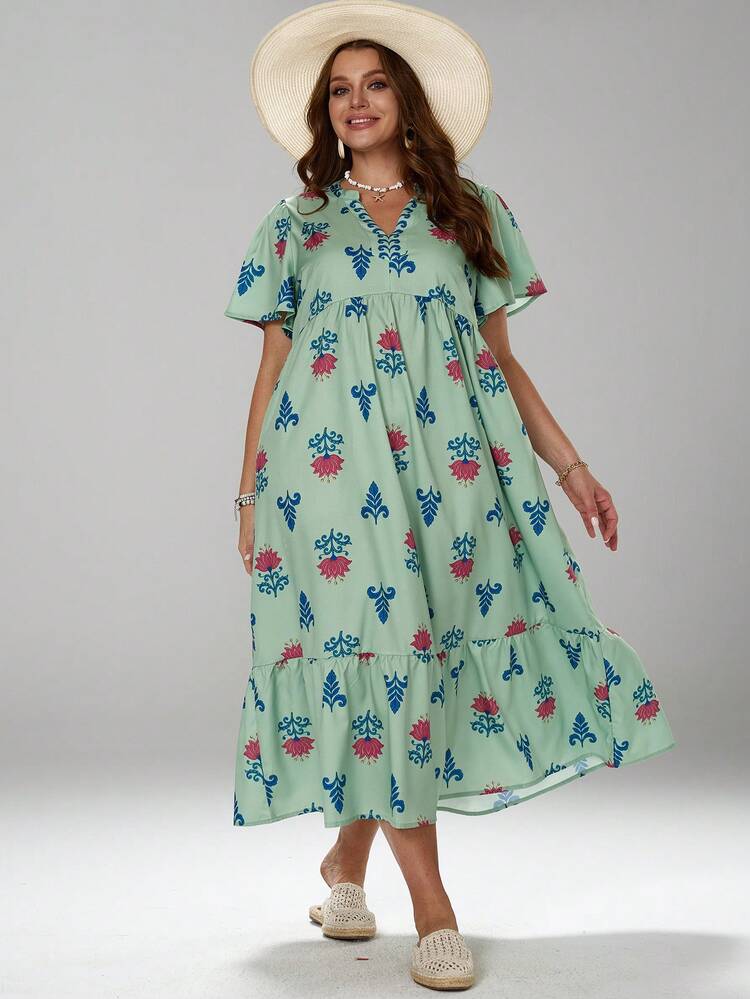 Plus Size Women's Vacation Placement Print Ruffle Sleeve Maxi Dress