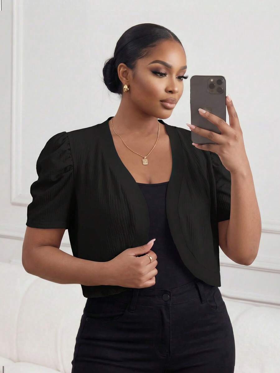 SHEIN Lady CURVE Áo khoác ngắn dáng rộng màu trơn có tay xếp ly và tay bồng, trang phục công sở thường ngày cho nữ - màu đen - Xem 1