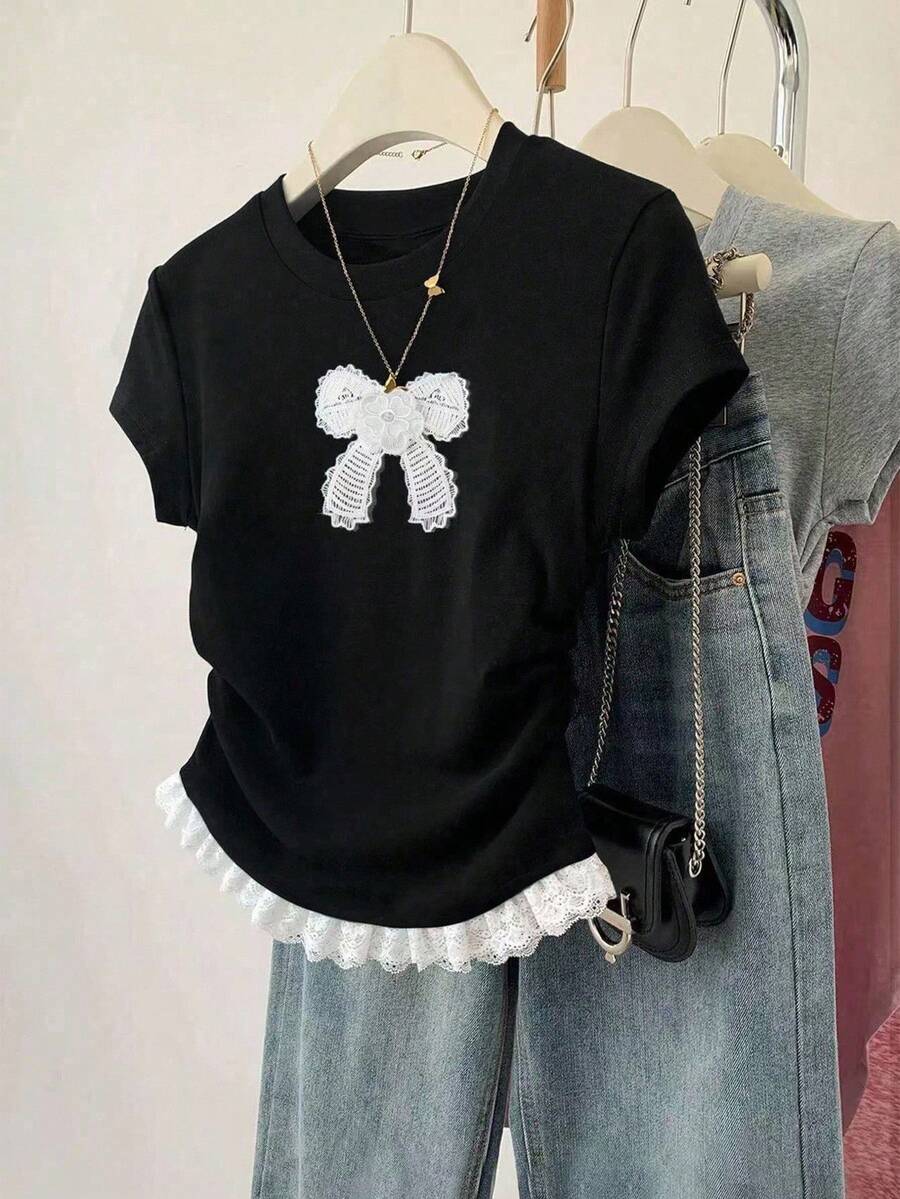 Women's Casual Versatile Bow Graphic Round Neck Short Sleeve T-Shirt - Black - View 1