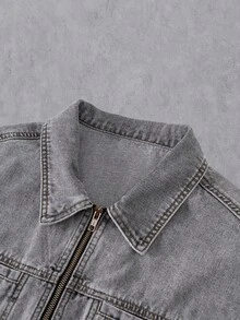 Manfinity Denimwave Áo khoác denim dài tay nam có khóa kéo, kiểu dáng thường ngày, đa năng. - Xám - Xem 5