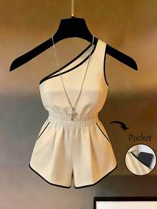 Franclia Contrast Color Patchwork Waist Pleated Fashionable Elegant Women's Sleeveless Jumpsuit - Apricot - View 3