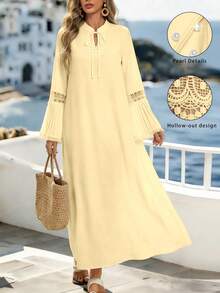 SHEIN Najma Đầm kiểu Ả Rập thanh lịch với ren hoa xếp ly, khoét rỗng và cổ áo thắt nơ đính hạt. - Màu vàng - Xem 1