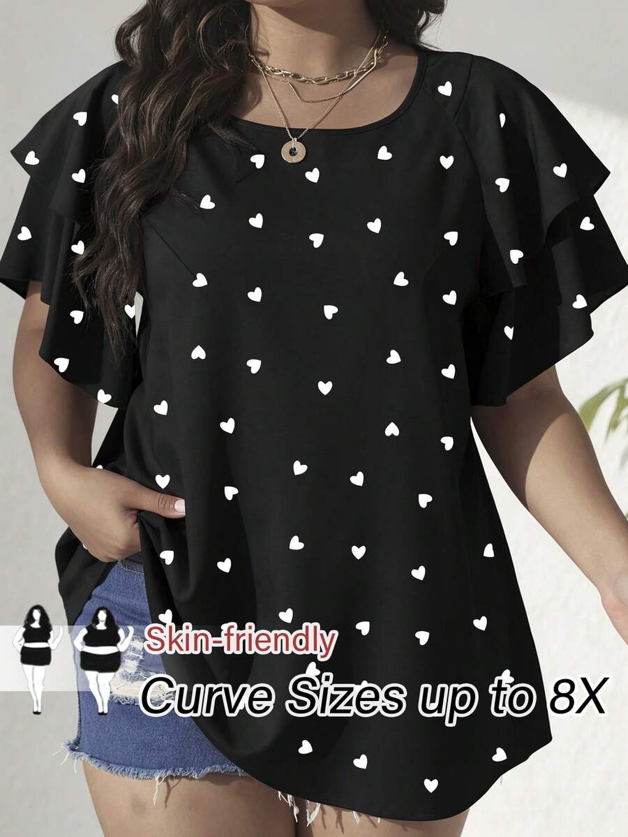 SHEIN CURVE+ 大码女式优雅春夏休闲衬衫，粉色衬衫，度假装，粉色上衣，粉色爱心印花衬衫 - 黑色 - 查看 1