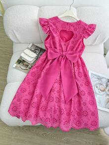 Elladie kids 一件式女童甜美度假连衣裙，玫红色心形镂空短袖圆领束腰大蝴蝶结装饰公主风短裙，可爱花朵镂空设计，A字廓形，及膝长度，适合日常穿着、购物、海滩、度假等场合。 - 玫紅色 - 查看 7