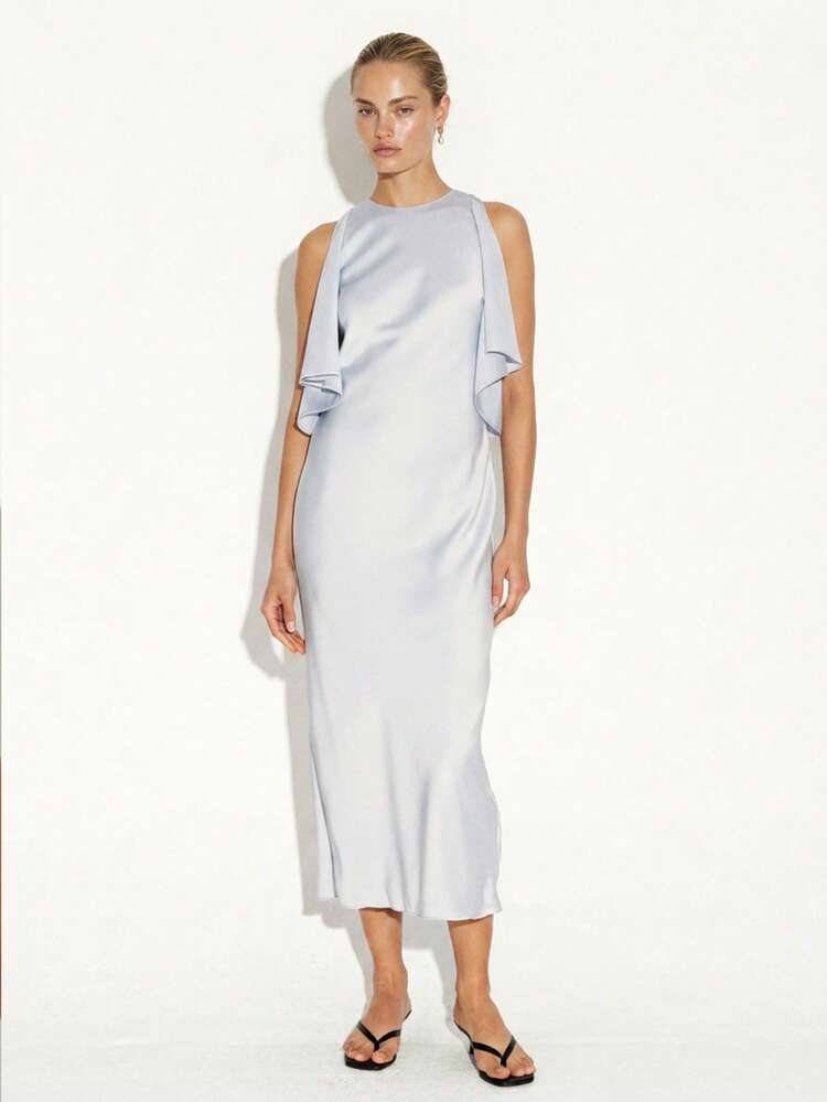 KSTM Robe longue en satin sans manches avec fente latérale et détail volant pour occasions spéciales, soirée