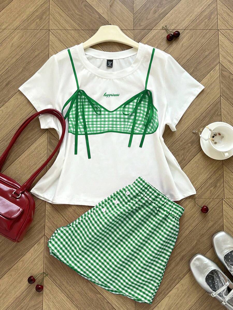 Bộ 2 món gồm áo thun cổ tròn cỡ lớn in hình bướm và quần short kẻ caro cạp chun. - Nhiều màu - Xem 1