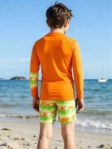 SHEIN Plus Size Boys' Swimwear,Holiday Orange Tropical Palm Tree & Letter Print 2pcs Set Long Sleeve Rash Guard & Swim Trunks,Funny Summer Beach Vacation - Orange - View 2