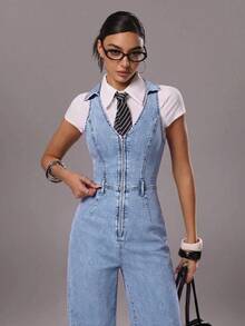 SHEIN TRNDY Bộ jumpsuit denim cổ chữ V dáng thường ngày dành cho nữ - Rửa nhẹ - Xem 8