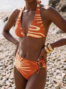 Maija Women's Summer Beach Vacation Printed Halter Bikini Set Beach Outfit For Women Summer Bikini Set For Women - Orange - View 2