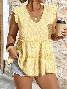 EMERY ROSE Plus Size Woven Floral V-Neck Flutter Sleeve Ruffle Trim Elegant Blouse, Suitable For Vacation, Outdoor, Daily Wear, Spring/Summer - Yellow - View 4