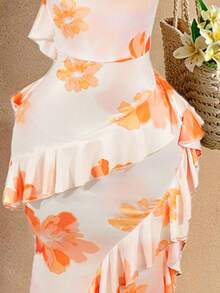 SaltGleam SaltGleam Women's Fashion Draped Neck Ruched Waist Bodycon Elegant Tropical Everyday Floral Mesh Ruffle Splice Maxi Dress For Wedding Beach Vacation, Holiday - Multicolor - View 6