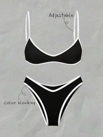Elavelle Women's Solid Color Contrast Trim High Cut Bikini Set, Spring/Summer