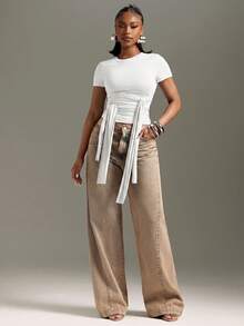 Denimoi Front Drape Tie Detail Top Concert Outfits Fashionable Streetwear It Girl - Beige - View 2
