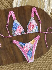 SHEIN Swim Mod New Arrival Spring/Summer Floral Patchwork Triangle Cup Bikini Two Pieces Swimsuit, Countryside Style Girl Vibe, Beach Holiday - Multicolor - View 6