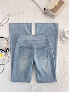 Elamini Low-Waist Fashionable Washed Waist Buckle Flare Jeans - Light Wash - View 2