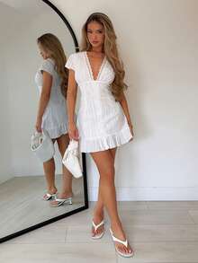 TRNVIE Women's Casual Solid Color Button Front Dress, Summer - White - View 4