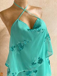 Soleia Women's Floral Sequin Fashion Cross-Neck Mini Dress - Teal Blue - View 3