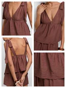 Maija Women's Holiday Casual Shades Of Brown Tie Strap Sleeveless Top And Shorts 2-Piece Set Summer Outfits Occasion Vacation - Brown - View 4