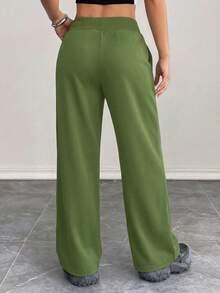 SHEIN PETITE Comfortable And Casual Plain Knitted Low-Rise Wide-Leg Women's Sweatpants - Army Green - View 2