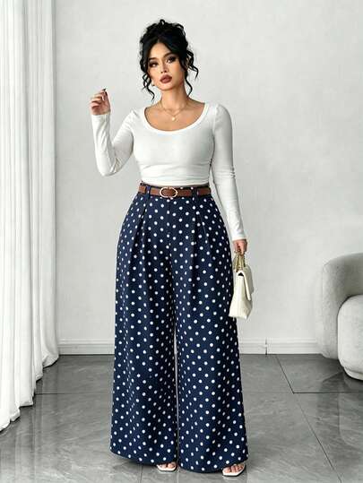 Elenzga Plus Size Women's Solid Color Beige Wide Leg Pants, Elegant Style, Fashionable For Commuting And Office Wear