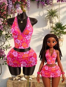 Women's 3-Piece Swimsuit Set For Summer Beach Vacation, Lace Trim Halter Tankini Top With Tie Waist And Multi-Layered Ruffle Skirt - Multicolor - View 1