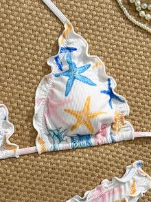 Swim Mod Bikini con estampado de estrella de mar sexy, traje de baño con cuello halter, volantes y talle bajo para mujeres, ideal para vacaciones en la playa - Multicolor - Ver 6