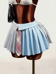 BamGleam 2022夏季新款Y2K复古街头嘻哈风撞色格纹JK制服裙，系带装饰，女士低腰短款百褶迷你裙 - 彩色 - 查看 4