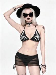 Áo bikini hai mảnh hở lưng cổ yếm họa tiết xương khô phong cách Gothic dành cho nữ - màu đen - Xem 6