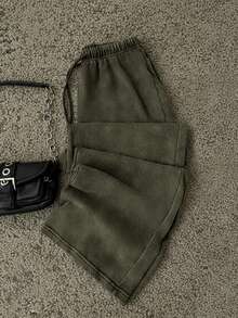 Pantalones de chándal rectos de talle bajo para mujer, aptos para el verano, lavados - Verde militar - Ver 7