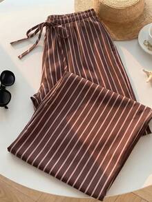 SHEIN EZwear 女士休闲系带直筒裤，适合夏季穿着，条纹裤，女士夏季套装 - 彩色 - 查看 4