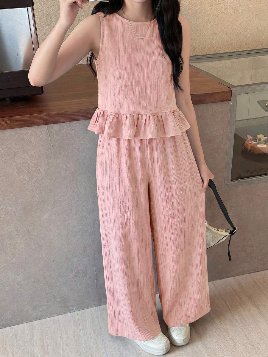 SHEIN 少女春夏休闲度假时尚编织纹理蓝色无袖上衣搭配直筒裤套装,适合度假、派对、优雅场合、返校季、春季野餐、日常穿着。 - 粉色 - 查看 1