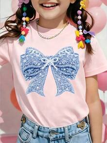 Elladie kids 少女粉色夏季校園休閒短版T恤，青花瓷花卉蝴蝶結裝飾印花時尚創意個性化寬鬆基本款上衣 - 粉色 - 查看 5