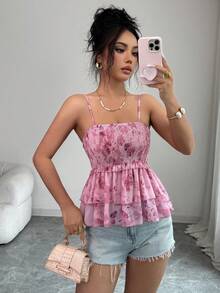 Elenzga Women's Casual Vacation Chiffon Butterfly Print Asymmetric Layered Camisole, Summer Tank Top - Pink - View 6