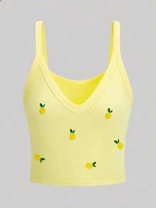 Franclia Women's Tank Top, V-Neck, Comfortable And Fitted, Lemon Embroidery, Refreshing And Lively Style, Lemon Yellow Top, Best-Selling Style For Summer - Yellow - View 3