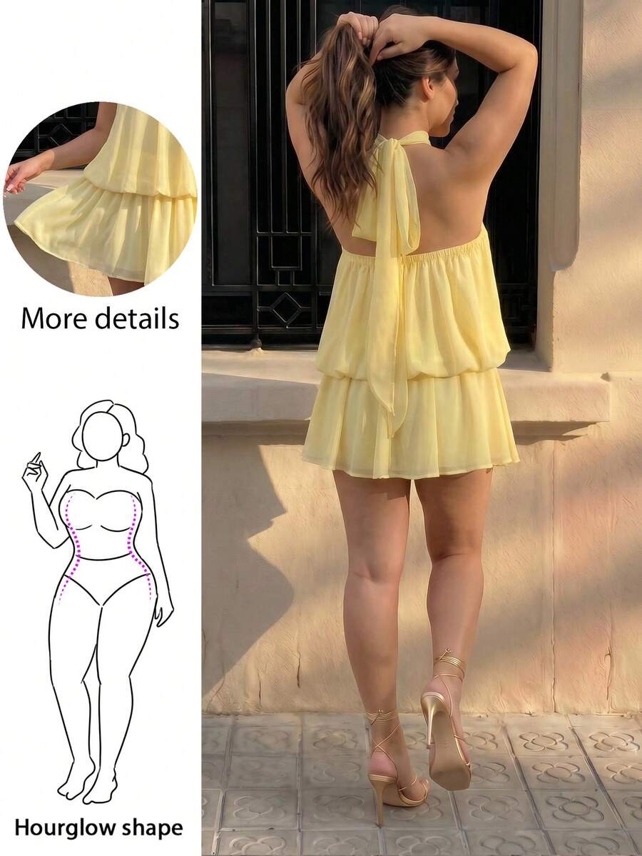 Hourglow Plus Size Women Pleated Halter Neck Tie Top And Mini Skirt 2 Pieces Set, For Hourglass Body Shape