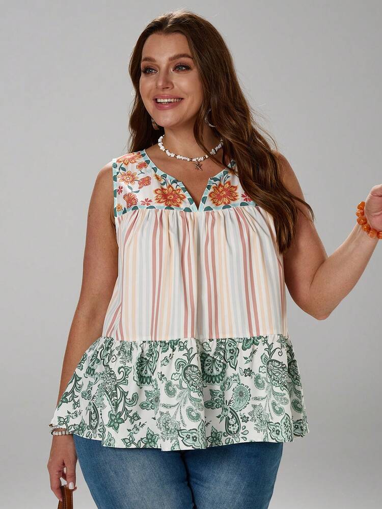 Plus Size Women Floral Print Patchwork Striped Camisole