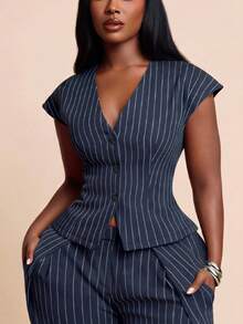 Radiana Plus Size Women's Summer Casual Light Blue Striped Bussines Office Work Blazer,Elegant Retro Striped Drop Shoulder Wide Shoulder Jacket For Urban - Blue - View 4