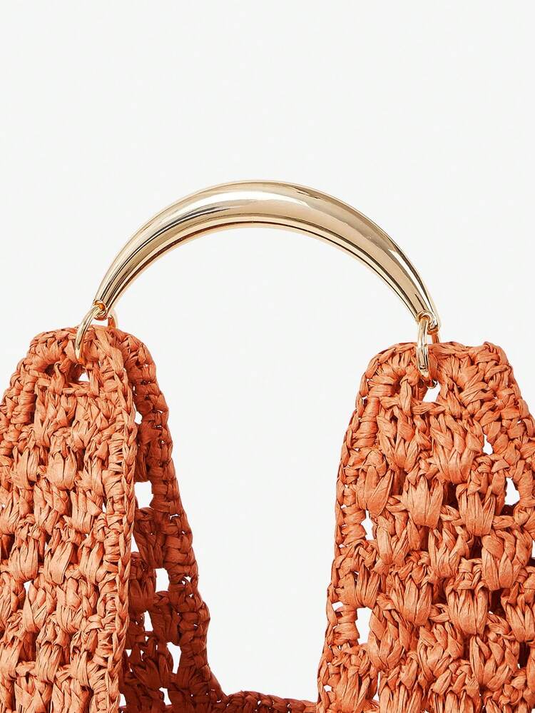 SHEIN Maija Ladies, Women Top Handle Bags, Straw Bag, Straw Woven Bag,  Orange,  Gold Metal Handle, Fashionable, Elegant, Simple, Personalized, Versatile, For Beach, Vacation, Holiday, Summer, Seaside, Beach Party
