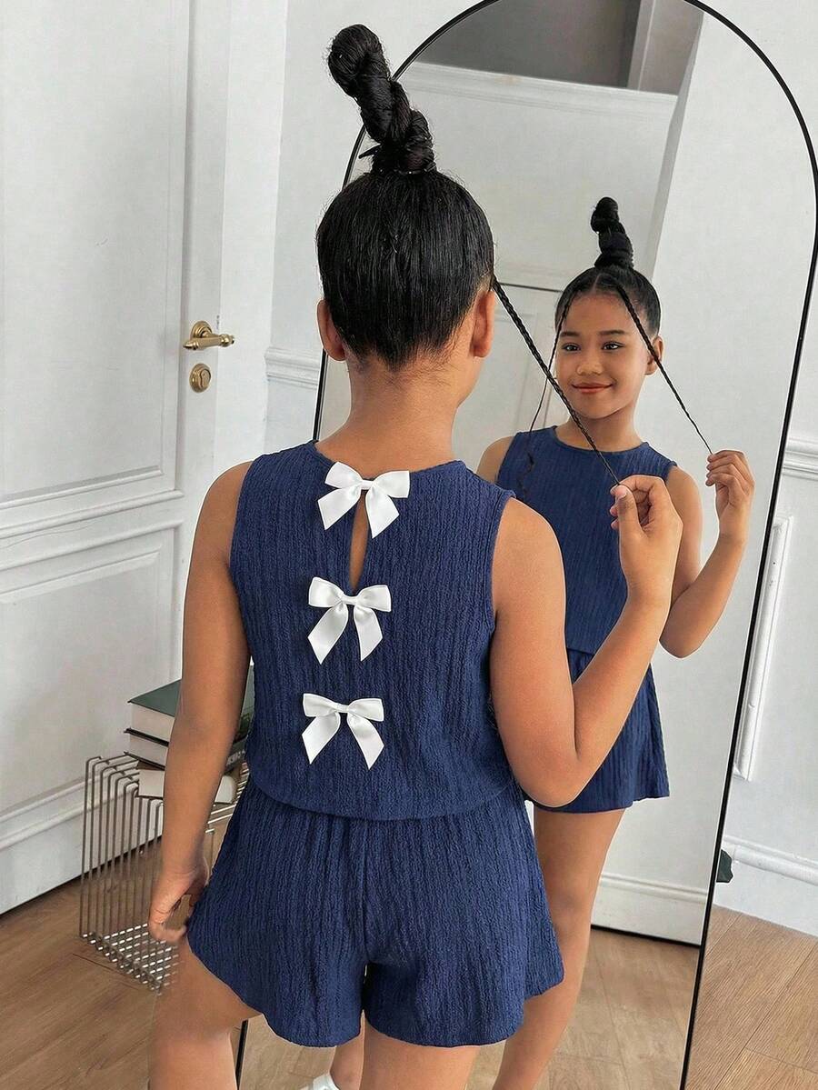 SHEIN 女童背後蝴蝶結裝飾背心與短褲休閒套裝 - 藍色 - 查看 1